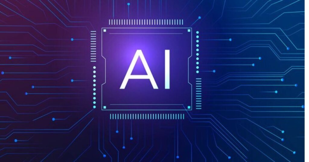 The image shows a central computer chip with the letters AI illuminated at its center. The background is a dark blue with interconnected lines resembling a circuit board, symbolizing artificial intelligence and technology.