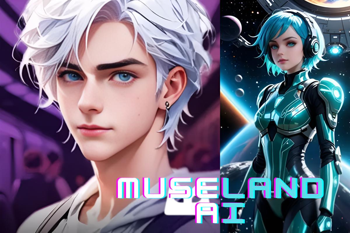 A young man with white hair and blue eyes is on the left, while a woman in futuristic armor with blue hair stands in a space setting on the right. The text MUSELAND AI appears at the bottom.