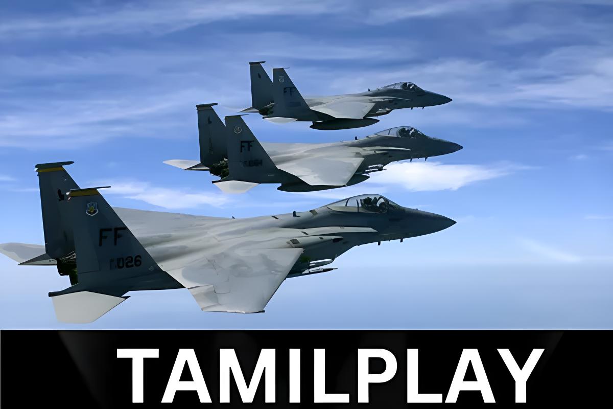 Three military fighter jets flying in formation above the clouds, with TAMILPLAY written in bold white letters on a black background at the bottom of the image.