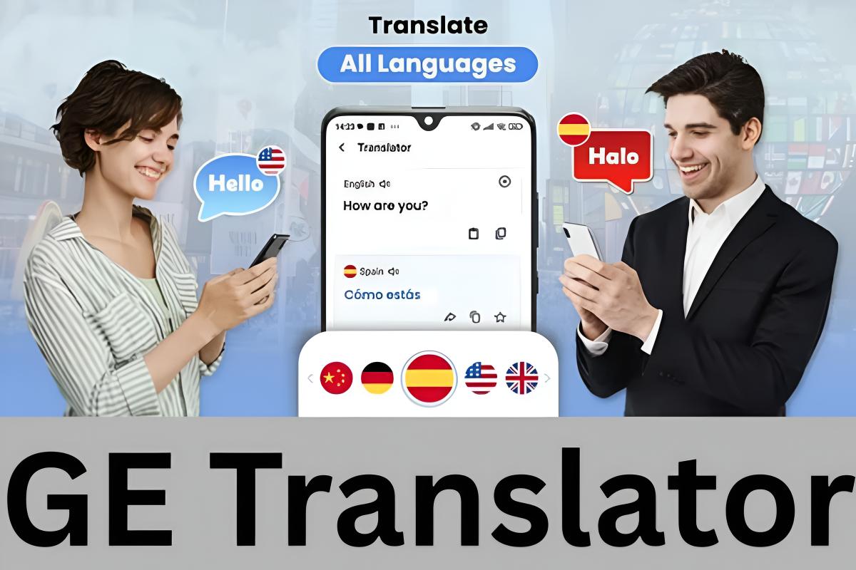 Illustration of GE Translator app interface translating text between English and Tamil on a smartphone, highlighting real-time multilingual AI features.