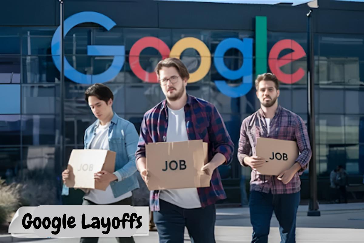 Three men carrying boxes labeled “JOB” walk away from a Google office building, with the Google logo visible in the background. A text overlay at the bottom reads Google Layoffs.