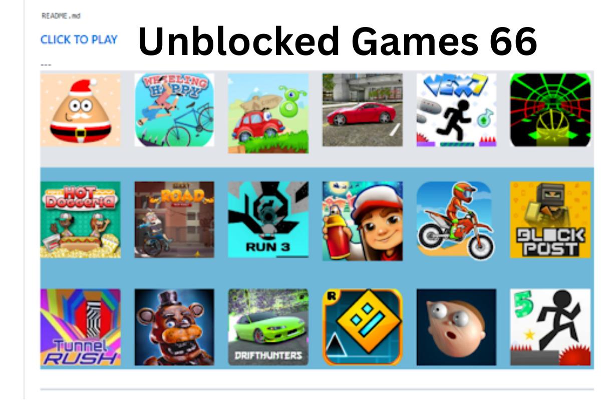 Screenshot of a website titled Unblocked Games 66 featuring colorful icons of various online games, such as Run 3, Tunnel Rush, Subway Surfers, and others, arranged in rows under the heading.