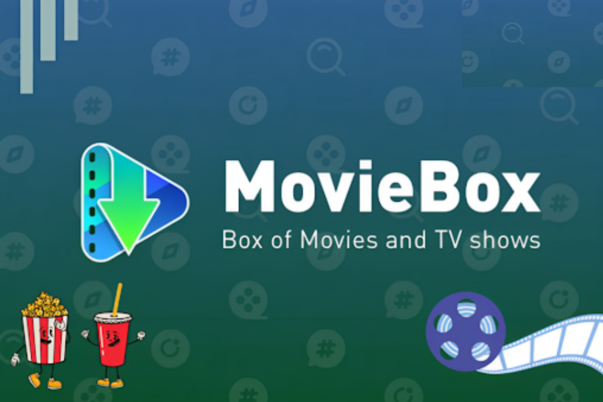 MovieBox logo with a play button and download arrow, text reads MovieBox: Box of Movies and TV shows; cartoon popcorn, soda, and a film reel are included on a blue-green background with film icons.
