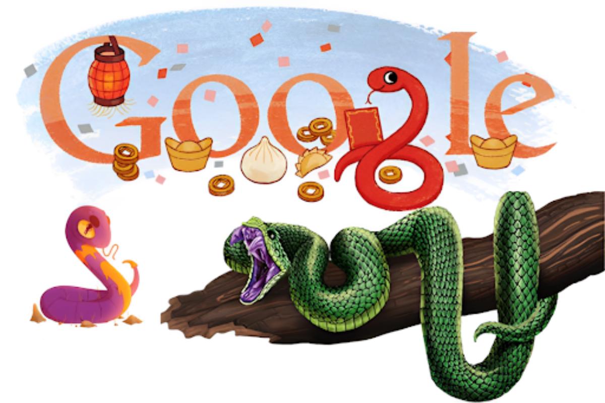 Illustration of the Google logo with two snakes Celebrate culture and fun with the Year of the Snake Google Game.