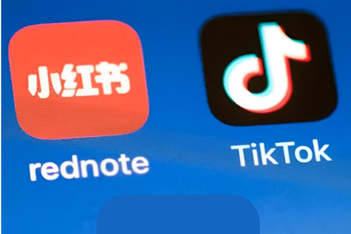 Close-up of smartphone screen showing the app icons for Xiaohongshu (Little Red Book) with rednote app, and TikTok, side by side on a blue background.