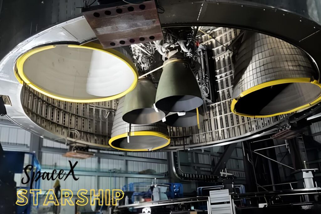 Close-up view of the underside of a SpaceX Starship rocket, showing five large rocket engines inside a metallic structure. The text SpaceX Starship is overlaid in the bottom left corner.