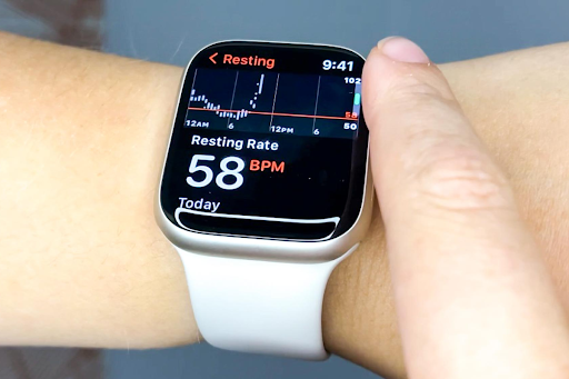 Blood Pressure Watch showing heart rate and BP data, wearable device for heart health monitoring and daily tracking