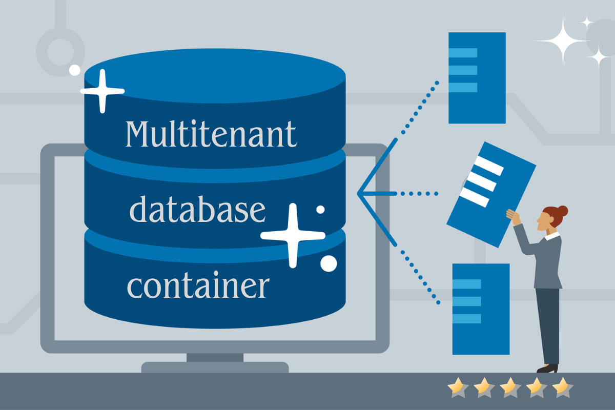 An illustration of multitenant database containers showing developers managing secure, scalable, and optimized environments for cloud-native applications.