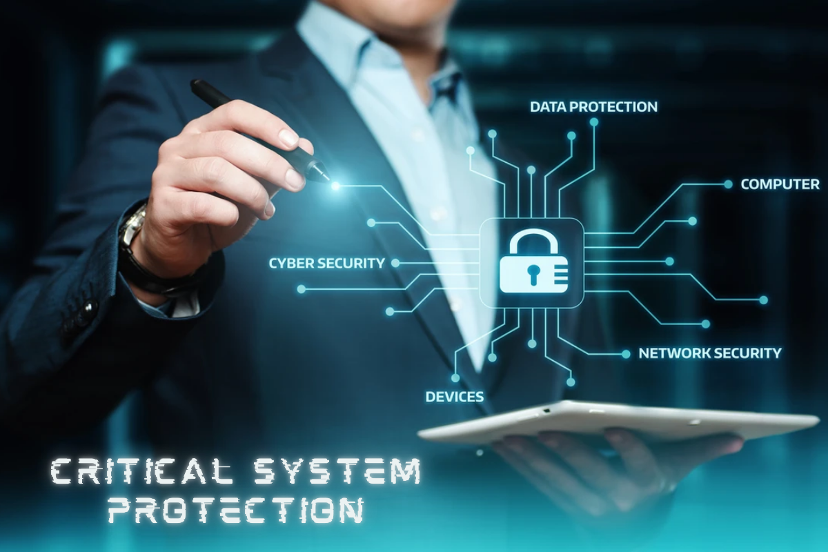 Illustration showing critical system protection with AI security tools, defending servers, cloud systems, and networks from next-gen cyber threats.