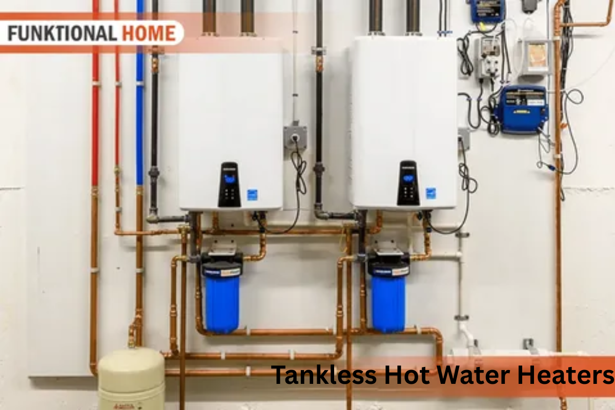 Modern tankless hot water heater installed in a home utility room, showcasing compact design and energy-efficient heating technology.