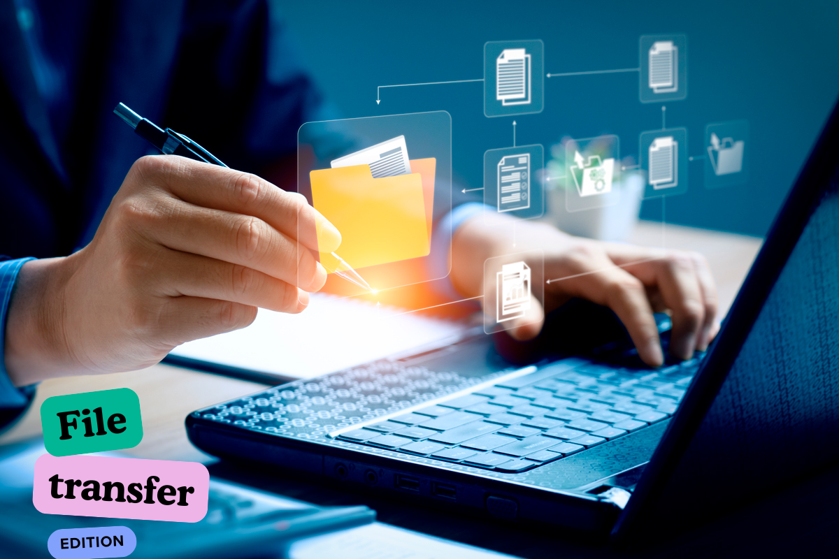 Illustration showing file transfer edition enhancing secure, fast, and scalable data sharing across cloud systems, businesses, and personal devices.