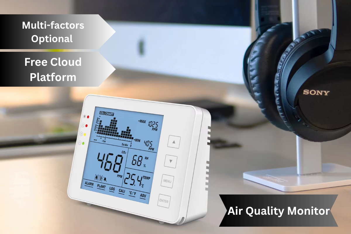 Smart air quality monitor displaying real-time indoor air pollution levels with data charts, helping users breathe cleaner and safer air at home.