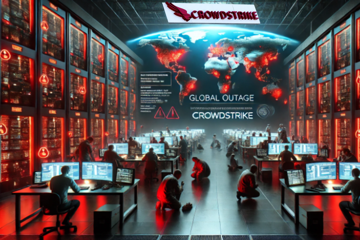 Illustration showing the CrowdStrike outage 2025 impact on IT systems, with visual elements of servers, cloud networks, and repair processes.