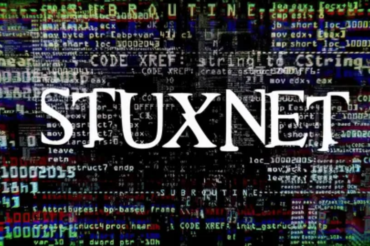 Stuxnet malware targeting industrial control systems with advanced cyberattack disrupting critical infrastructure.