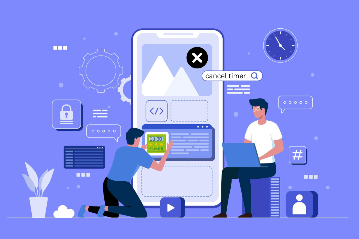 Illustration showing how developers apply cancel timer in code to stop running tasks, save resources, and improve app performance across platforms.